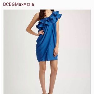 BCBG Royal Blue faux wrap one shoulder dress